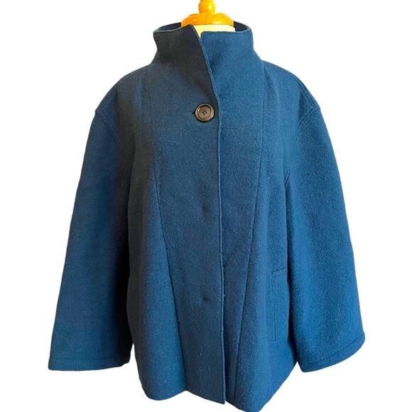 Hilary Radley Wool Swing Sweater Coat Womens Large Teal Blue Short Boxy Fit - Picture 1 of 10